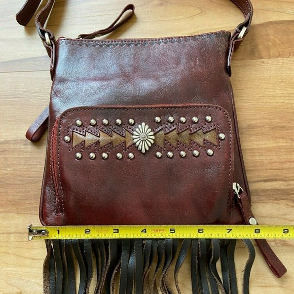 American West Leather Crossbody Handbag Fringe Western Burgundy Studded - Picture 11 of 12